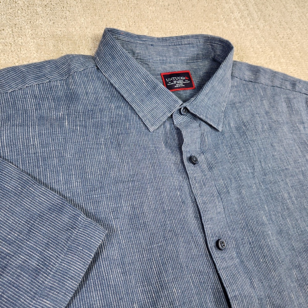 Untuckit Shirt Men XXL 100% Linen Blue Striped Canon Button Up Wealth